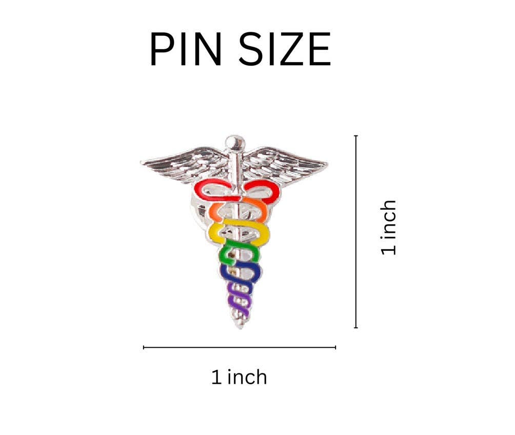 Colorful caduceus pin with measurement labels on a white background