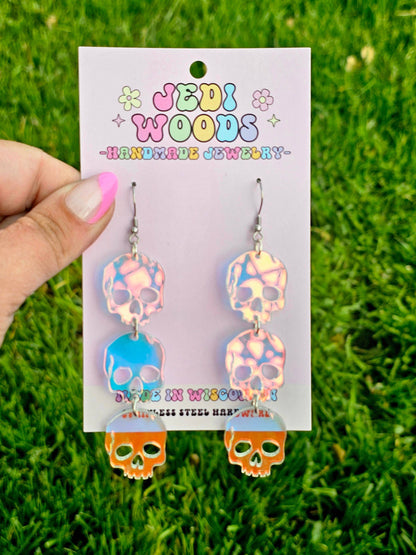 Triple Iridescent Skull Statement Earrings