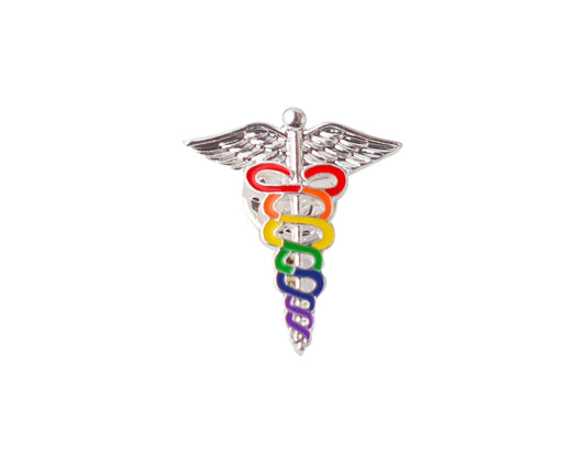 Rainbow-colored caduceus medical symbol on a white background