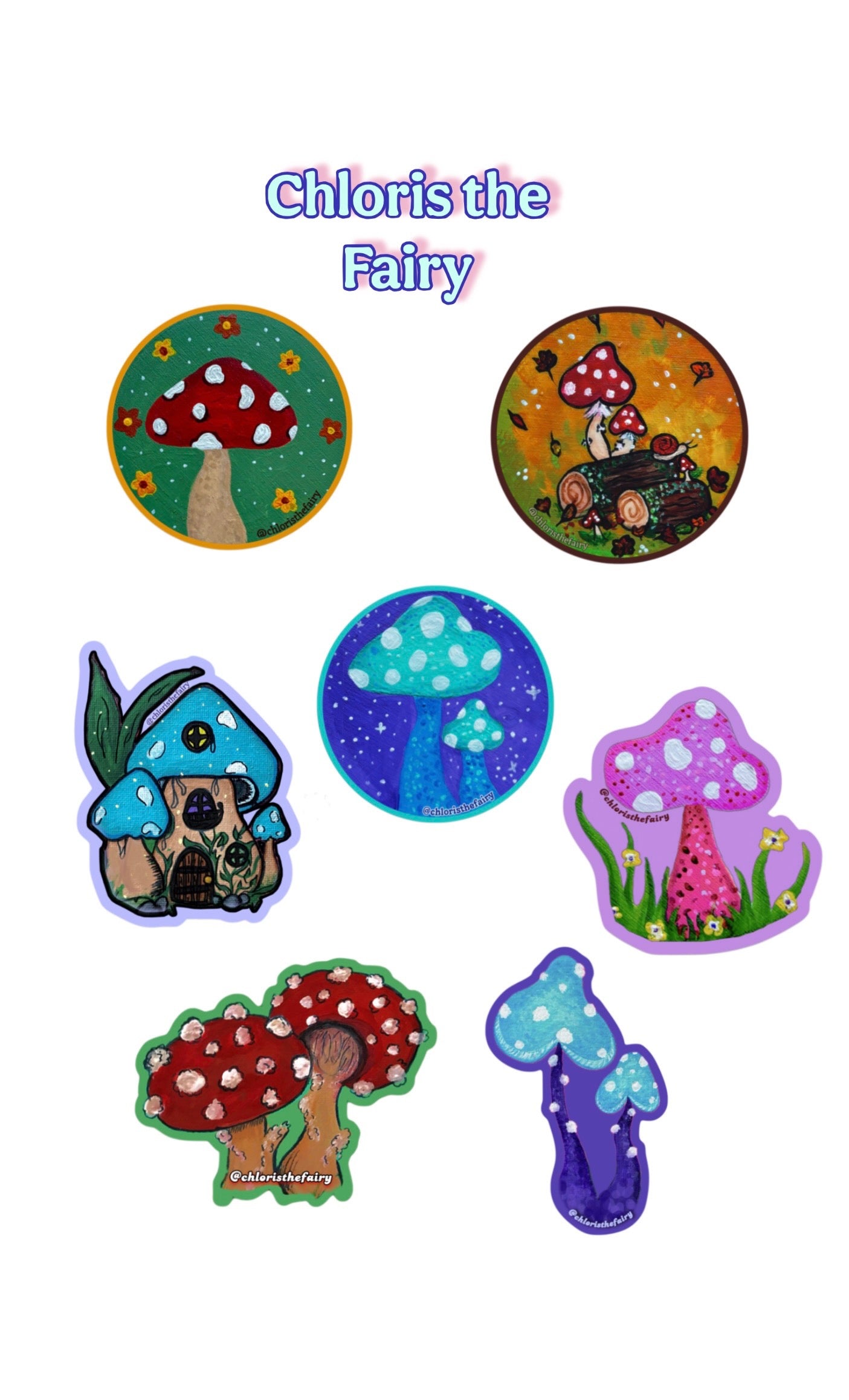 A set of six colorful embroidered patches featuring whimsical mushroom and fairy designs, with the text 'Chloris the Fairy' at the top on a plain white background.