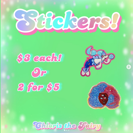 Promotional graphic for stickers with pricing and a brand name on a green background.