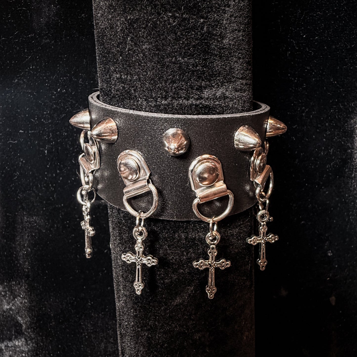 Gothic Cross Charm Studded Faux Leather Bracelet