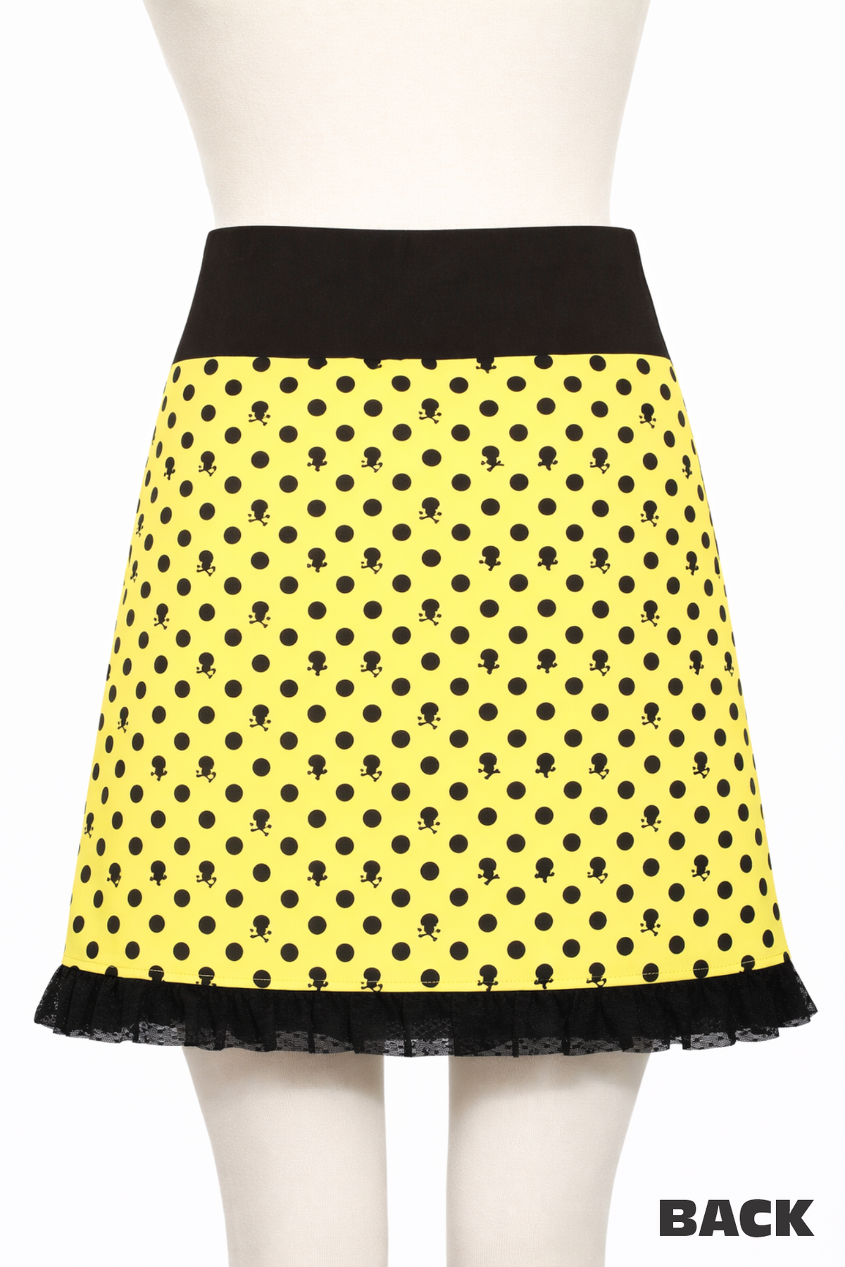 Sourpuss Yellow Ruffle, Punk Black Polka Dot Skull Skirt
