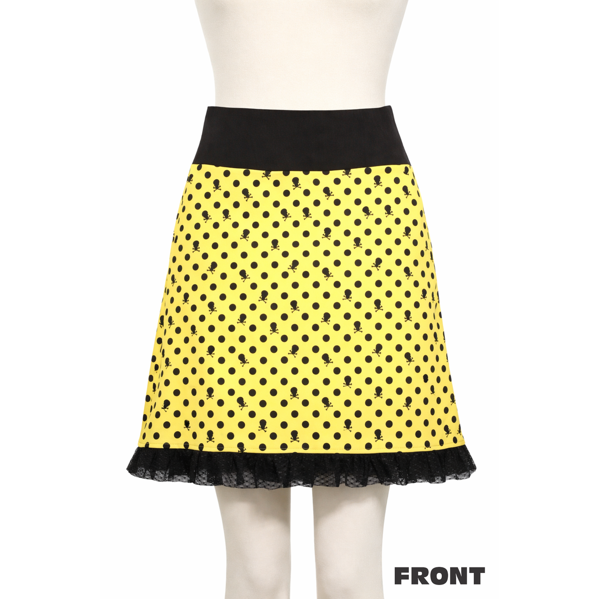 Sourpuss Yellow Ruffle, Punk Black Polka Dot Skull Skirt