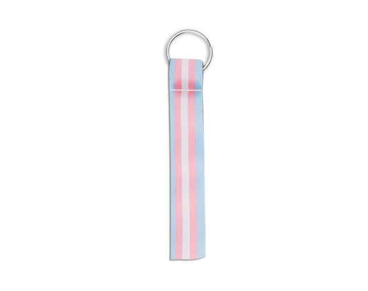 A fabric keychain strap with vertical pink, white, and light blue stripes, attached to a silver metal split ring, shown on a plain white background.