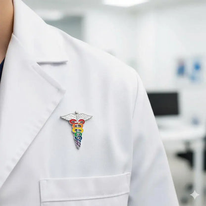 Person wearing a white lab coat with a rainbow-colored medical symbol pin.