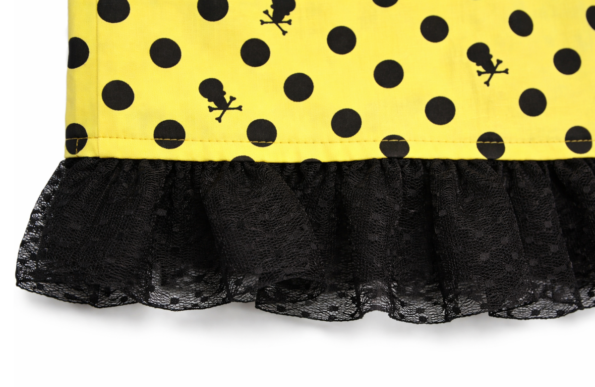 Sourpuss Yellow Ruffle, Punk Black Polka Dot Skull Skirt