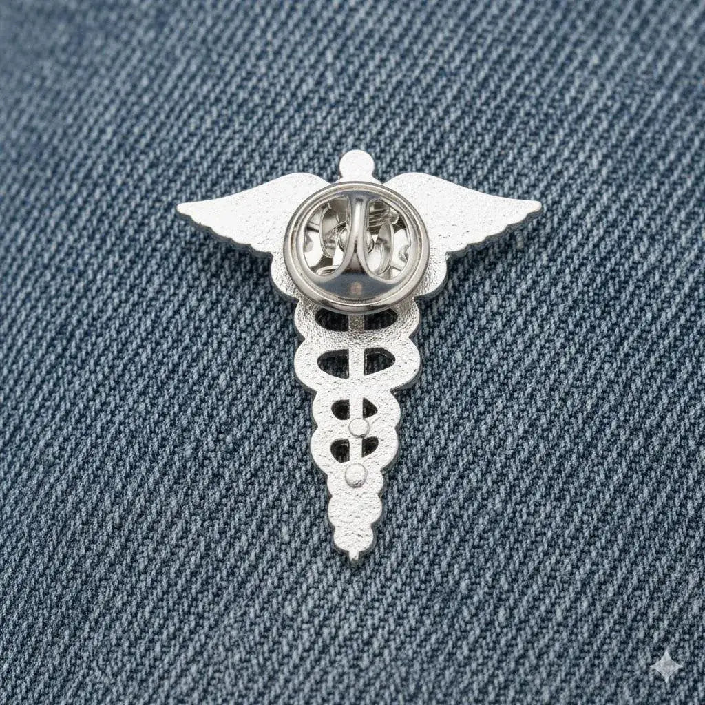 Silver medical caduceus pin on a denim background