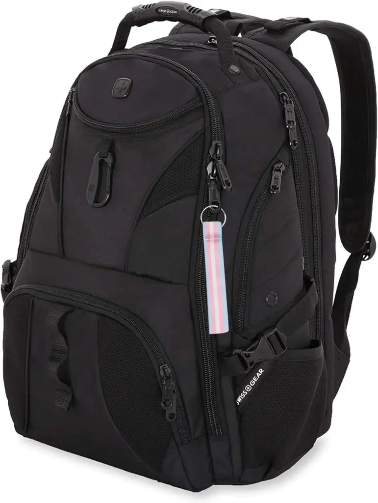 Black backpack with multiple compartments and a visible brand logo on a white background