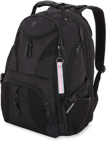 Black backpack with multiple compartments and a visible brand logo on a white background