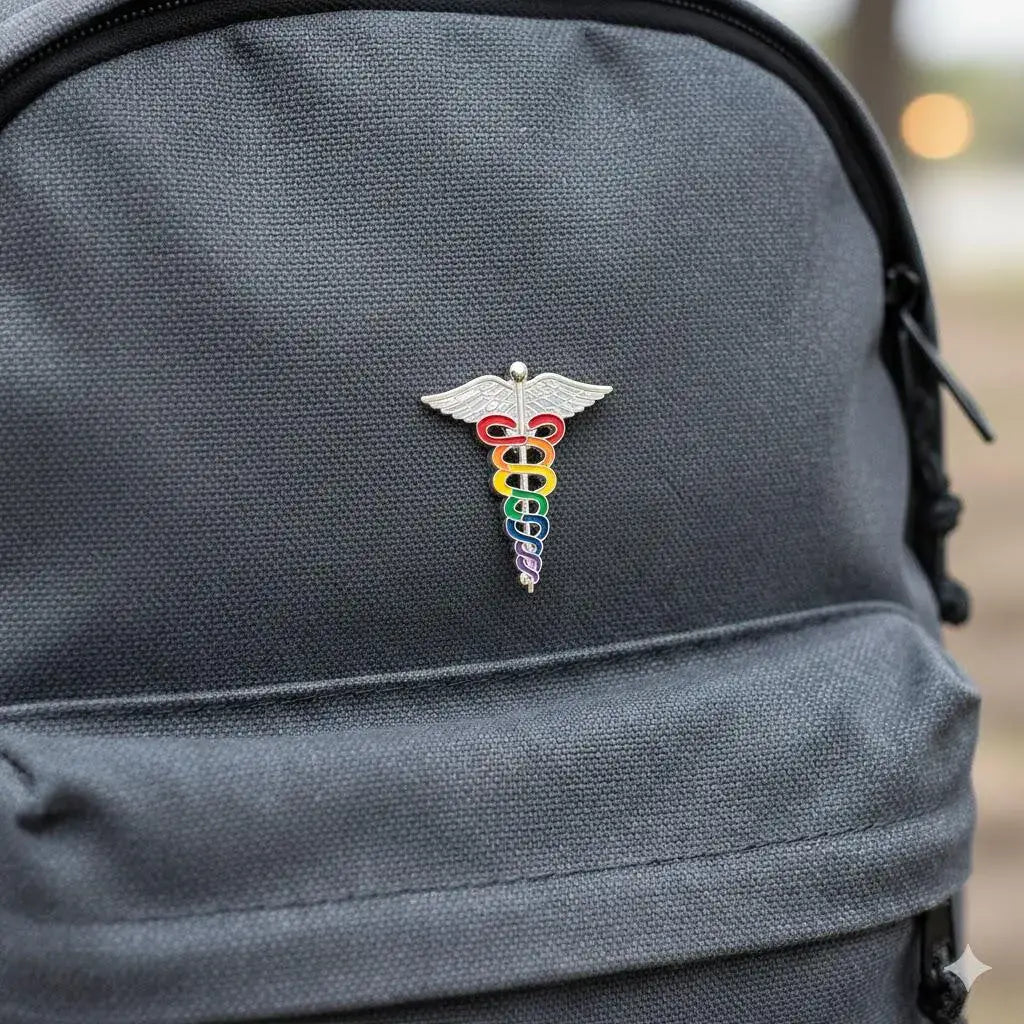 Gray backpack with a rainbow medical symbol pin on a blurred background