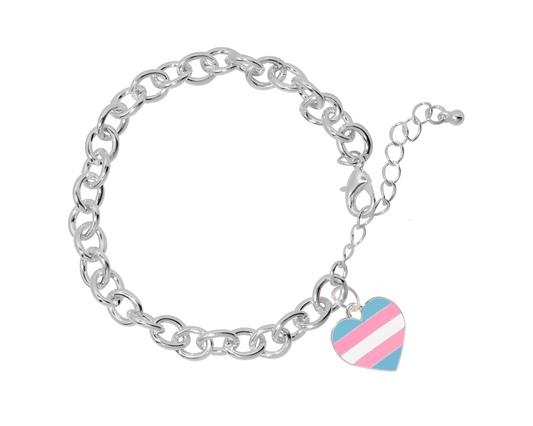 Silver chain bracelet with a heart-shaped transgender pride charm on a white background