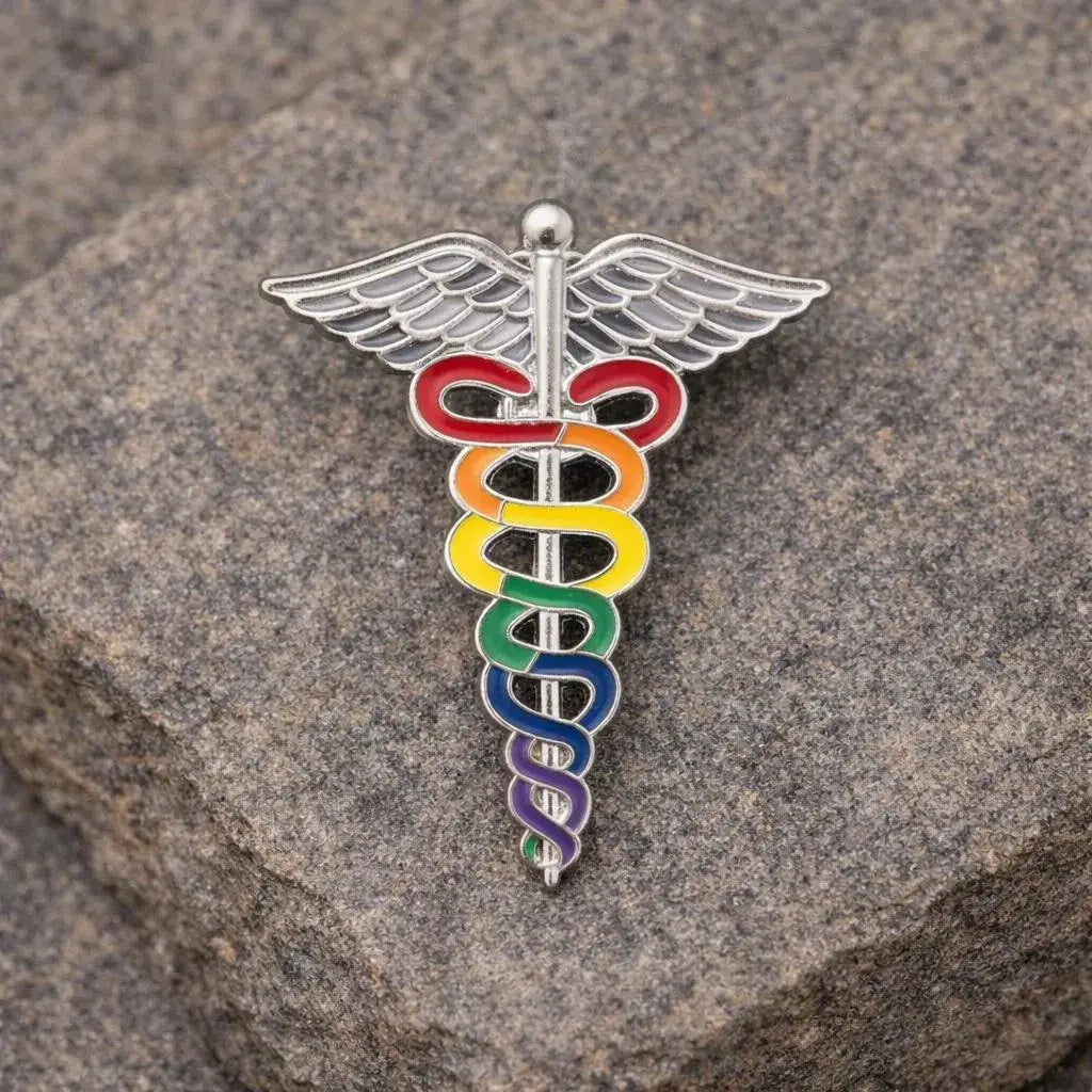 Rainbow caduceus symbol on a stone background