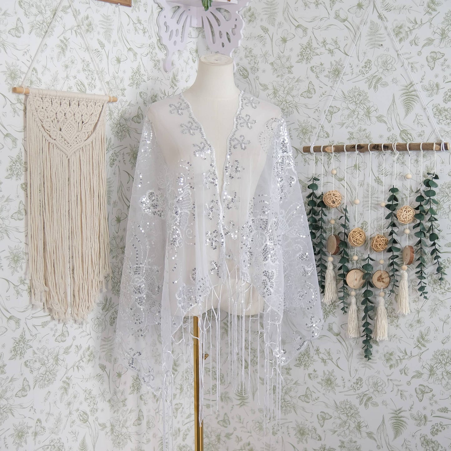 Sequin Embroidered Lace Fringe Shawl