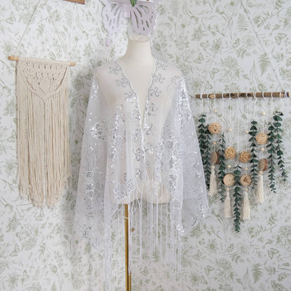 Sequin Embroidered Lace Fringe Shawl
