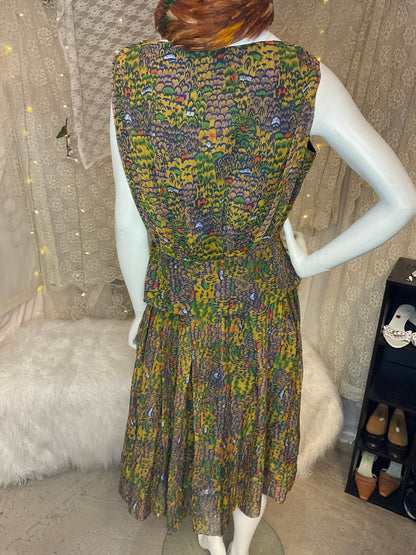 Two piece silk chiffon pheasant dress with matching purse and feather hat size medium