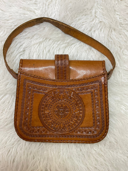 Vintage Mexican Aztec Mayan tooled leather purse (as is loose strap)