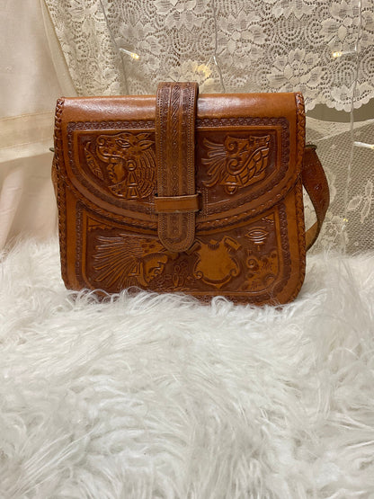 Vintage Mexican Aztec Mayan tooled leather purse (as is loose strap)