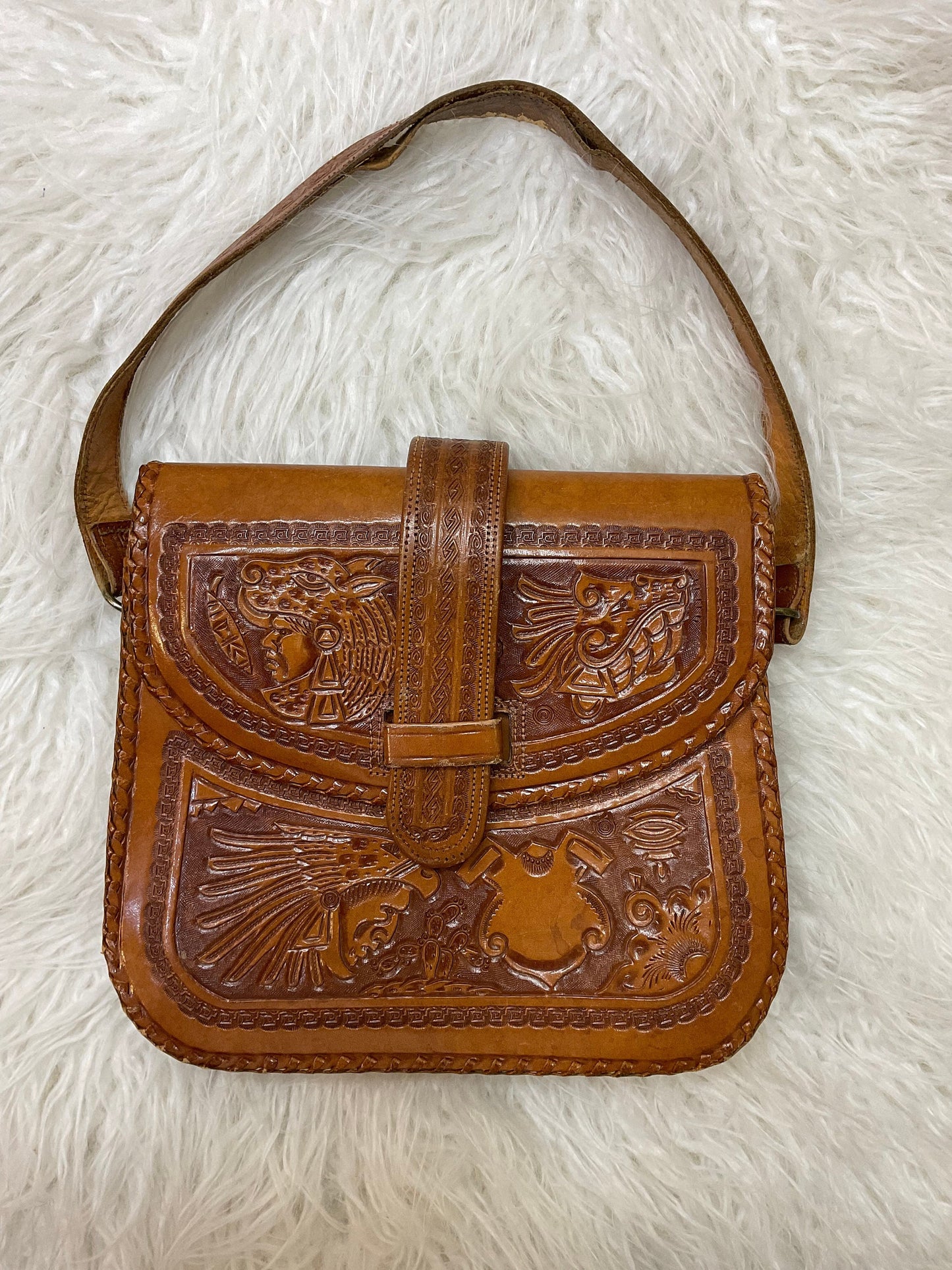 Vintage Mexican Aztec Mayan tooled leather purse (as is loose strap)