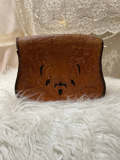 Vintage tooled leather crossbody purse with MLR initials