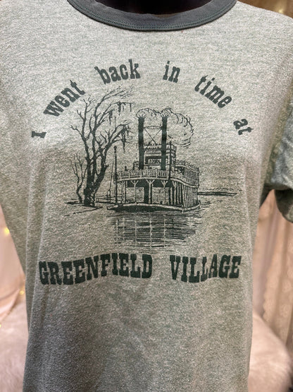 1970's Graphic Ringer T-shirt,  "I went back in time at Greenfield Village"  Size M As Is