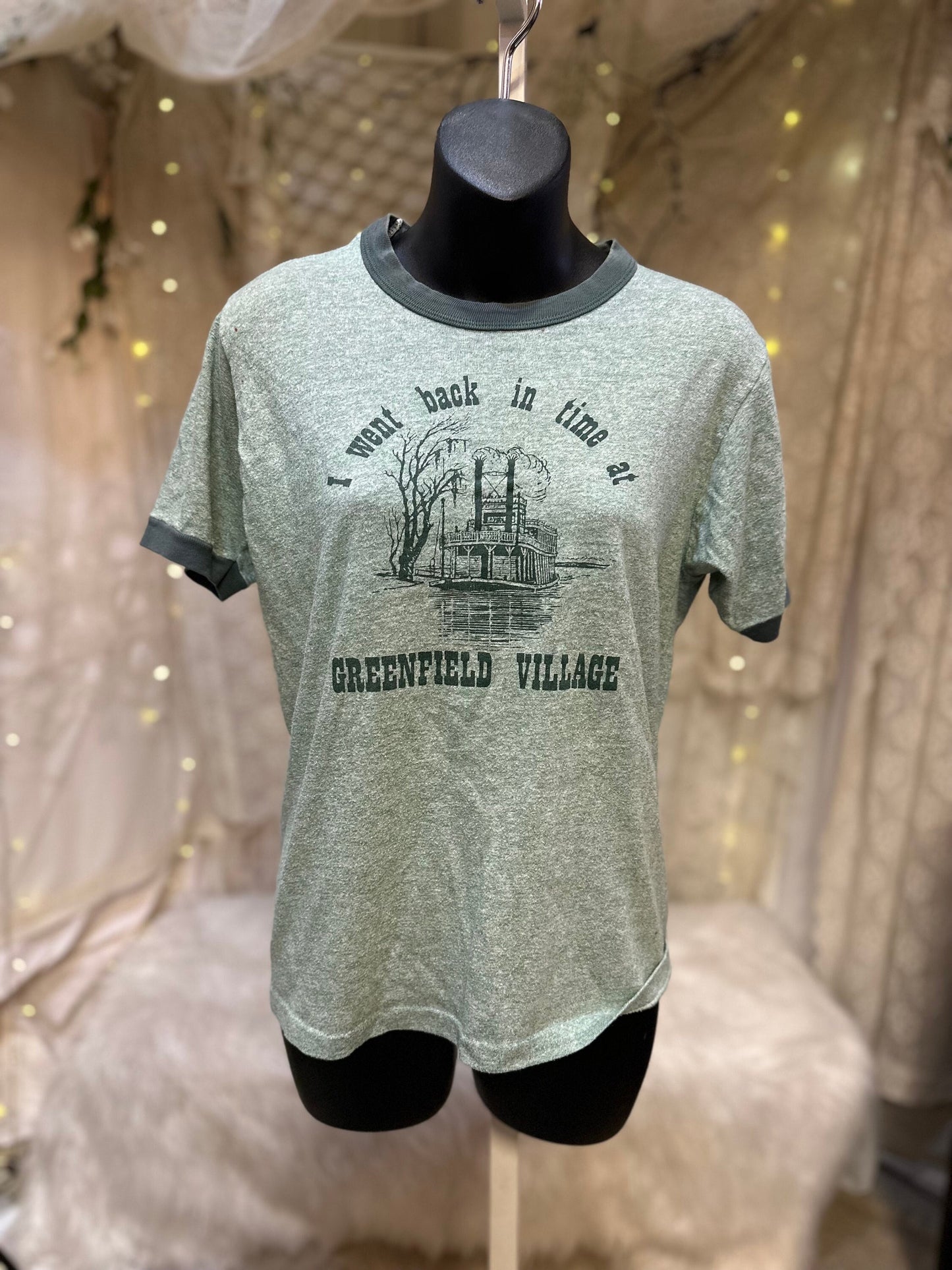 1970's Graphic Ringer T-shirt,  "I went back in time at Greenfield Village"  Size M As Is