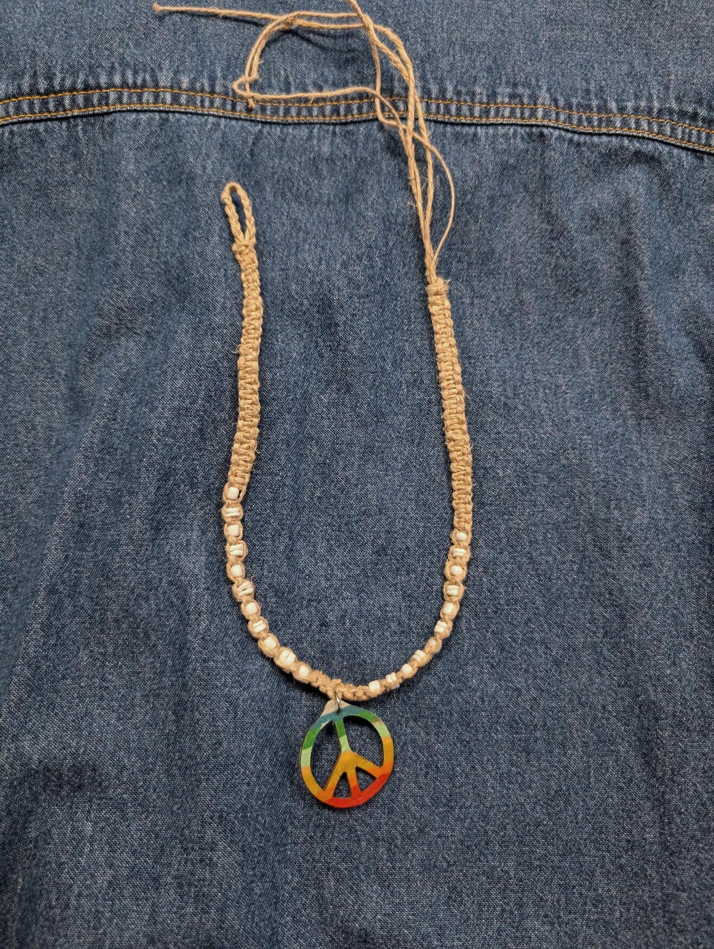 90s y2k vintage deadstock hemp macrame rainbow peace sign Hippie necklace