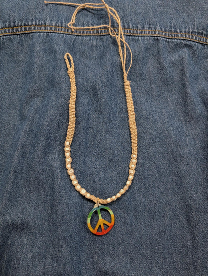 90s y2k vintage deadstock hemp macrame rainbow peace sign Hippie necklace