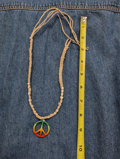 90s y2k vintage deadstock hemp macrame rainbow peace sign Hippie necklace