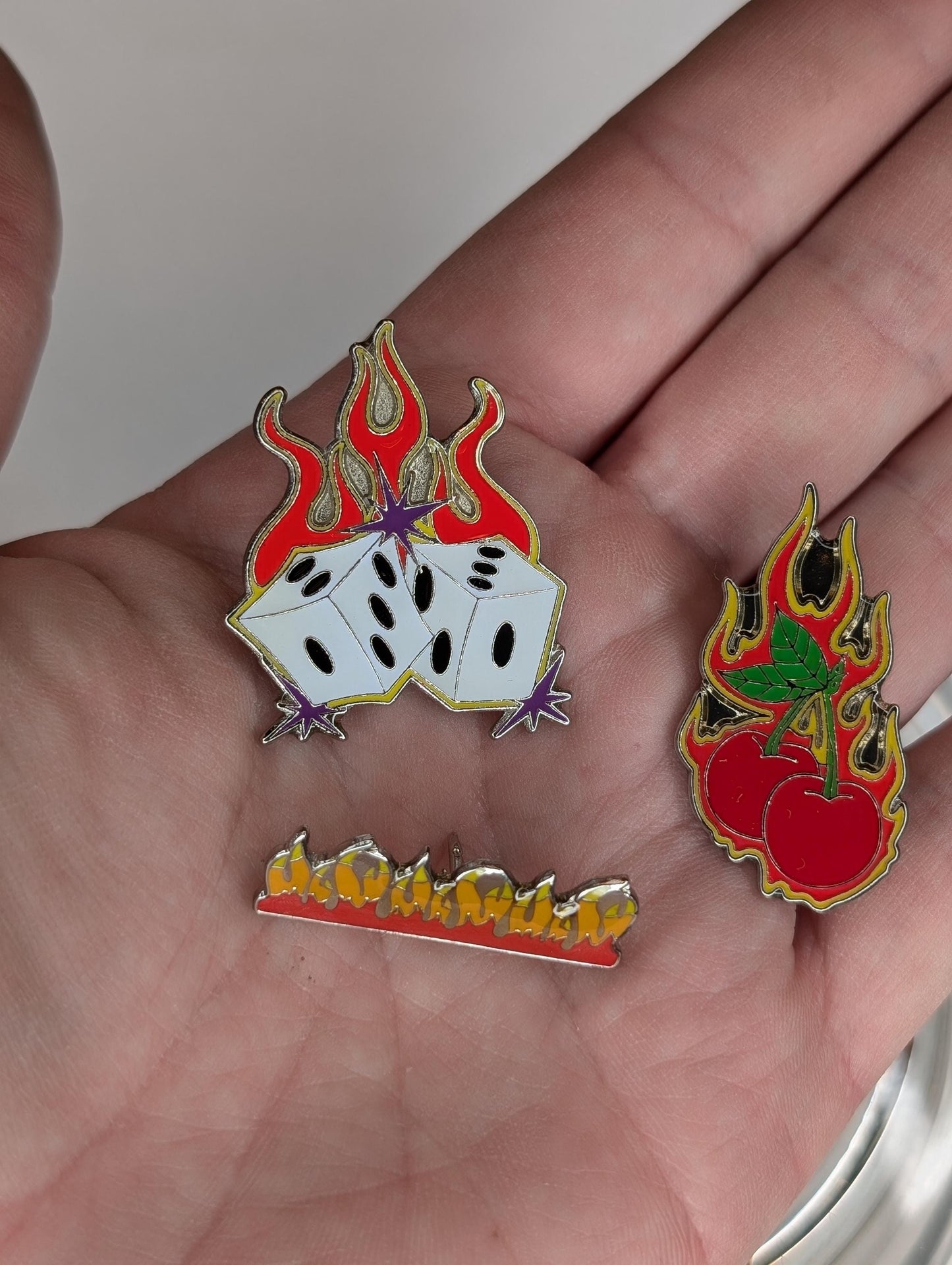 90s Pin Flame Trio Fire and Dice and Cherries Hot Rod Rockabilly
