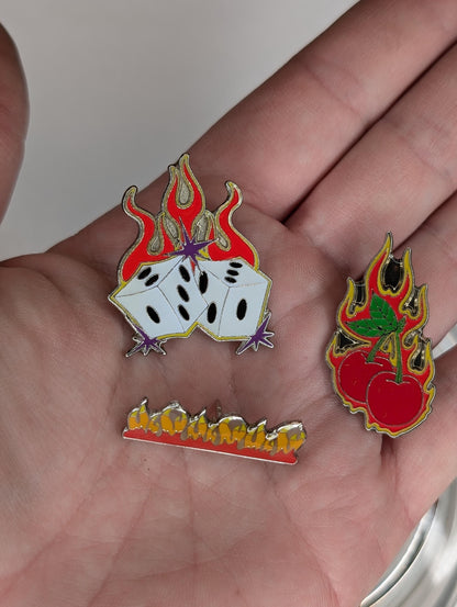 90s Pin Flame Trio Fire and Dice and Cherries Hot Rod Rockabilly