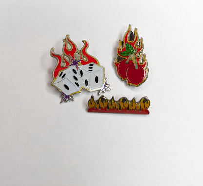 90s Pin Flame Trio Fire and Dice and Cherries Hot Rod Rockabilly