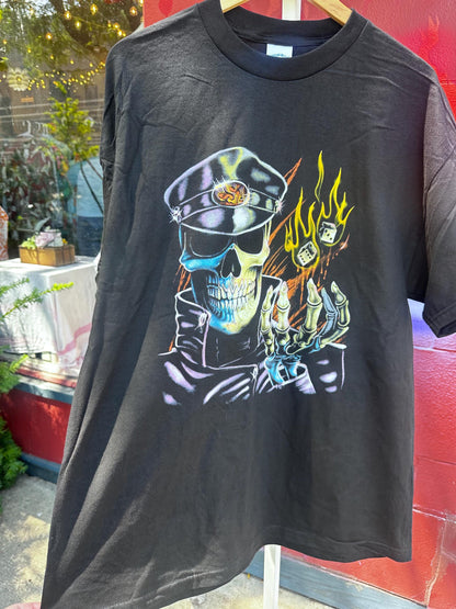 90s Deadstock Skull Biker Dice Flames T-Shirt motorcycle