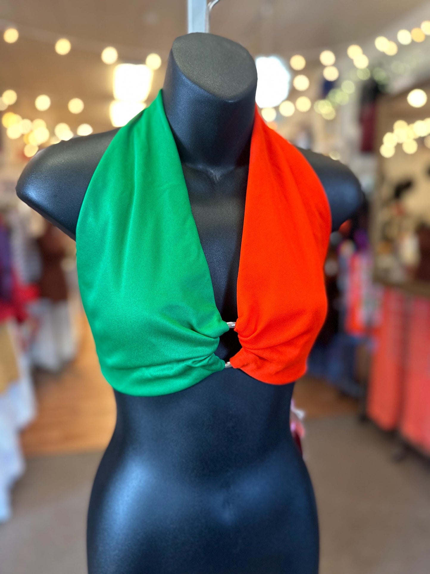 1970’s NWT Red and Green Split O-Ring Halter Top