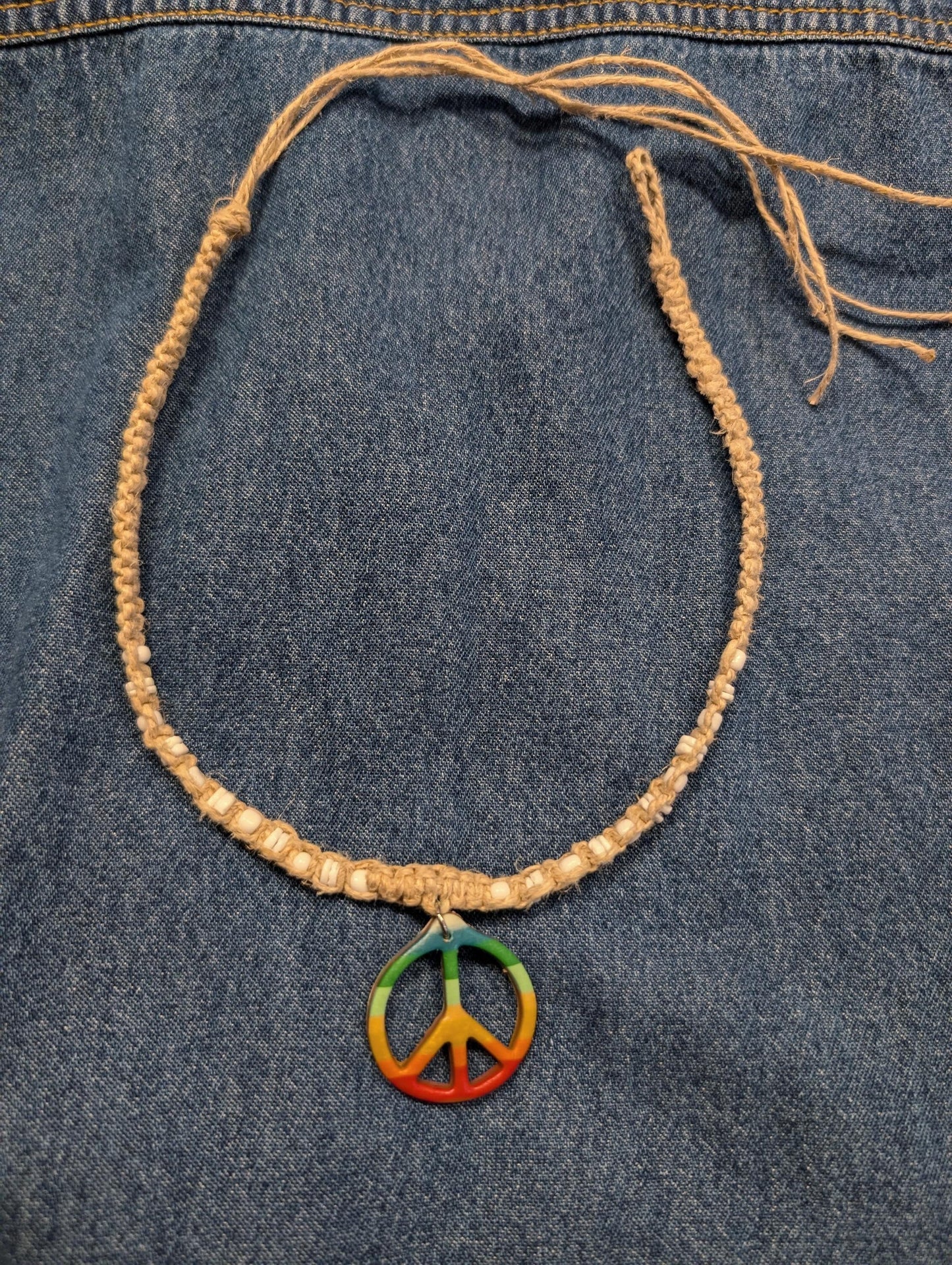 90s y2k vintage deadstock hemp macrame rainbow peace sign Hippie necklace