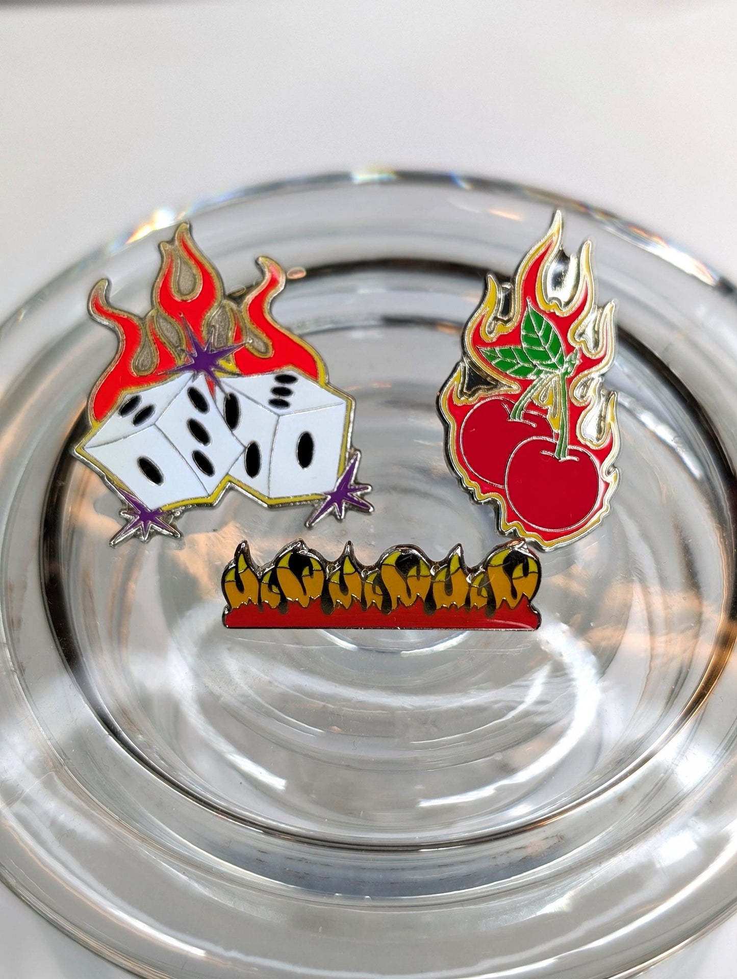 90s Pin Flame Trio Fire and Dice and Cherries Hot Rod Rockabilly