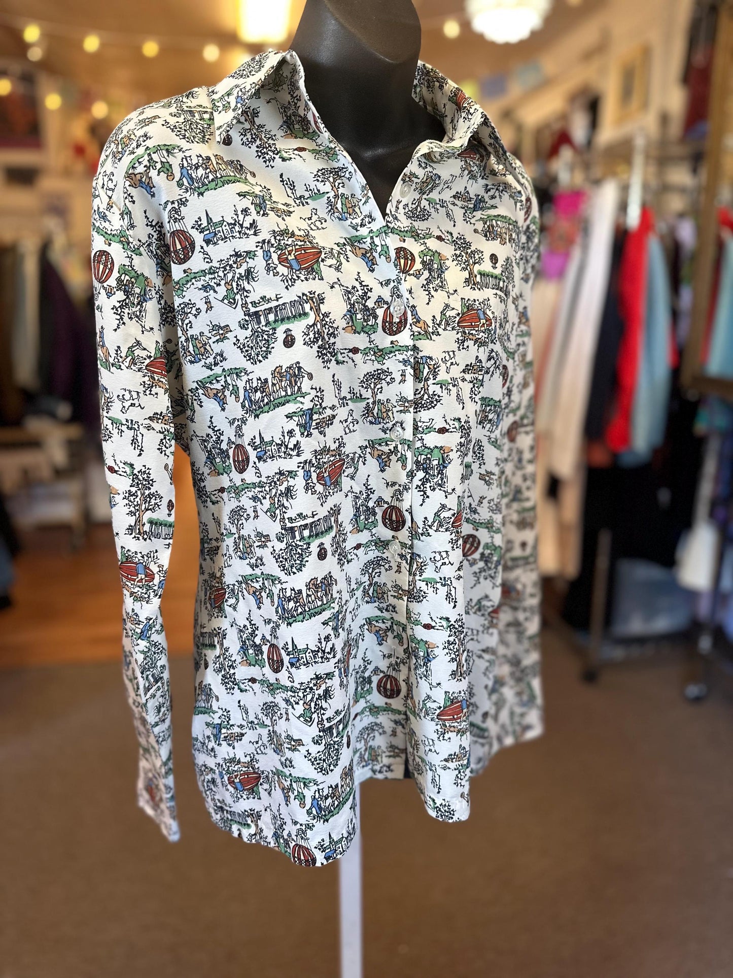 1970's Hot Air Balloon Print Pointed  Collar Poleyster Buttondown