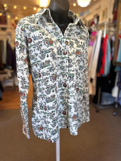 1970's Hot Air Balloon Print Pointed  Collar Poleyster Buttondown