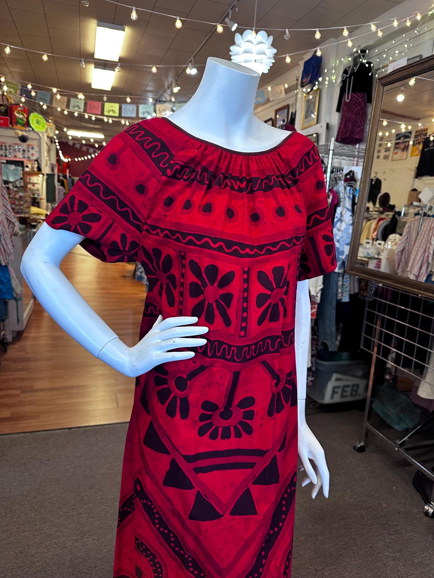 1970's Red Polynesian Cotton Maxi Dress