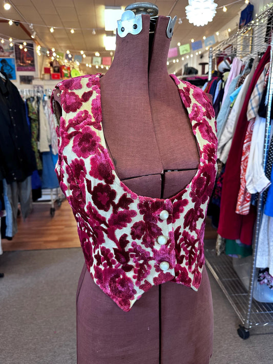 1970's Nude Flocked Velvet Floral Vest