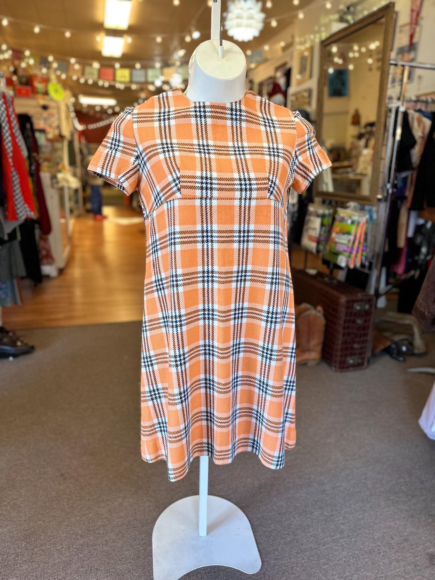 1960s Plus Size Knit Dress Orange Plaid XL
