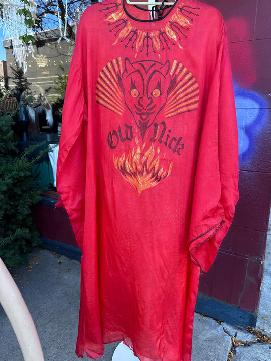 1950s Vintage Adult Devil Costume – Nylon with Glitter Flames, OSFM – As-Is