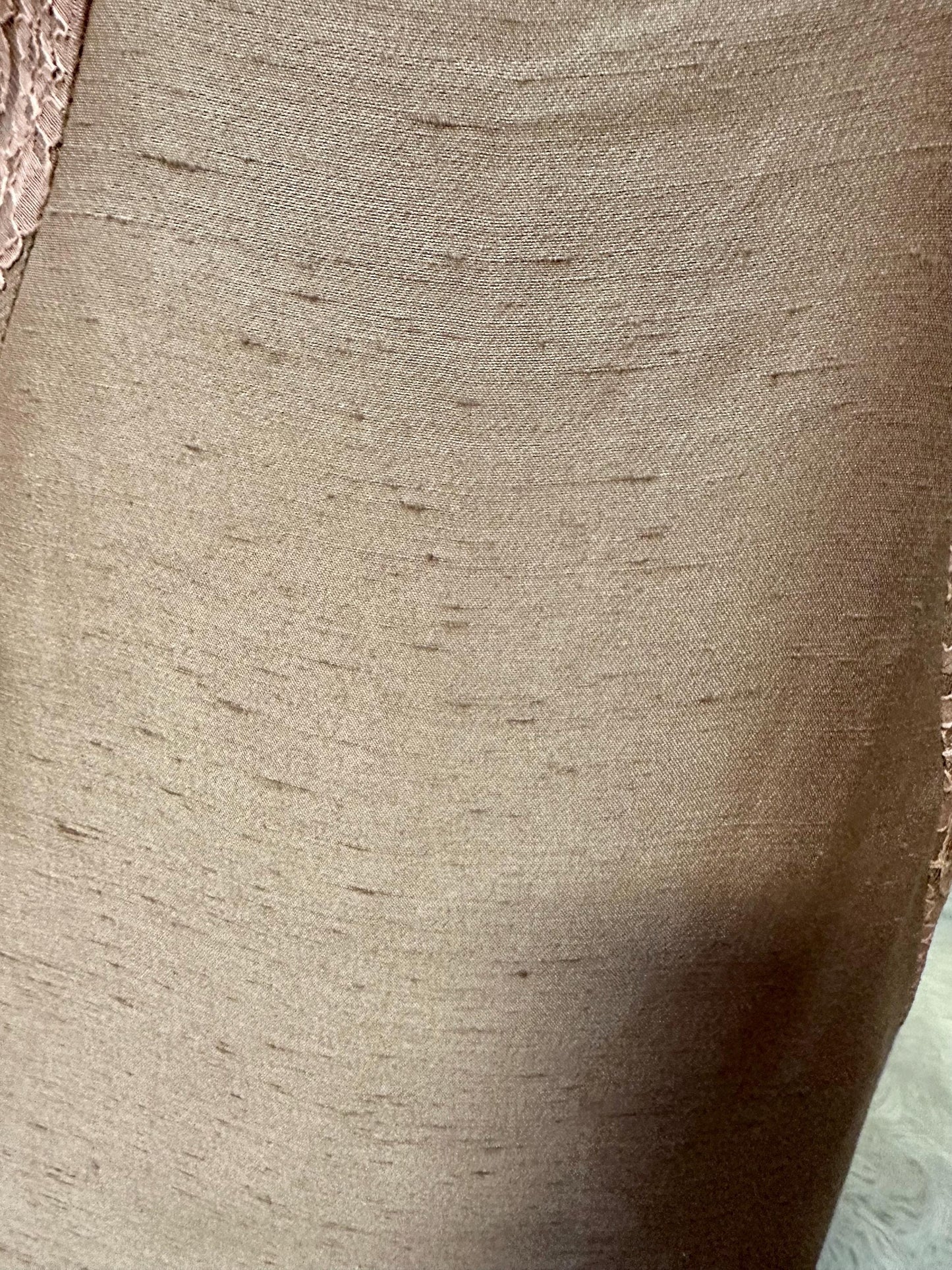 1960's Plus Size Taupe Raw Silk Dress with Blush Pink lace and Bow