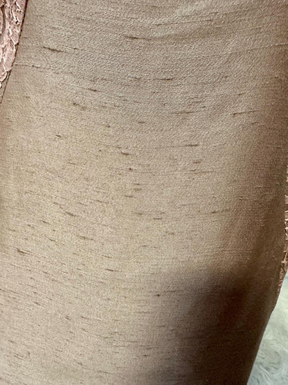 1960's Plus Size Taupe Raw Silk Dress with Blush Pink lace and Bow