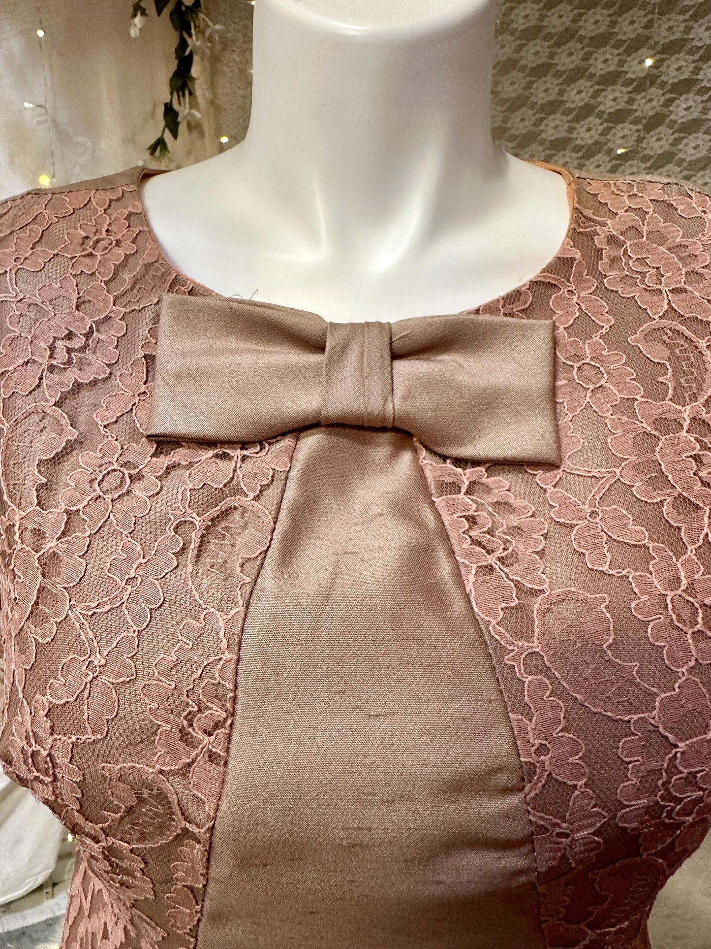 1960's Plus Size Taupe Raw Silk Dress with Blush Pink lace and Bow