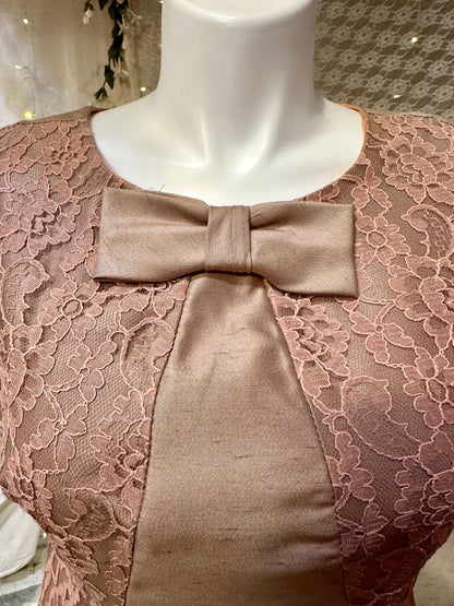 1960's Plus Size Taupe Raw Silk Dress with Blush Pink lace and Bow