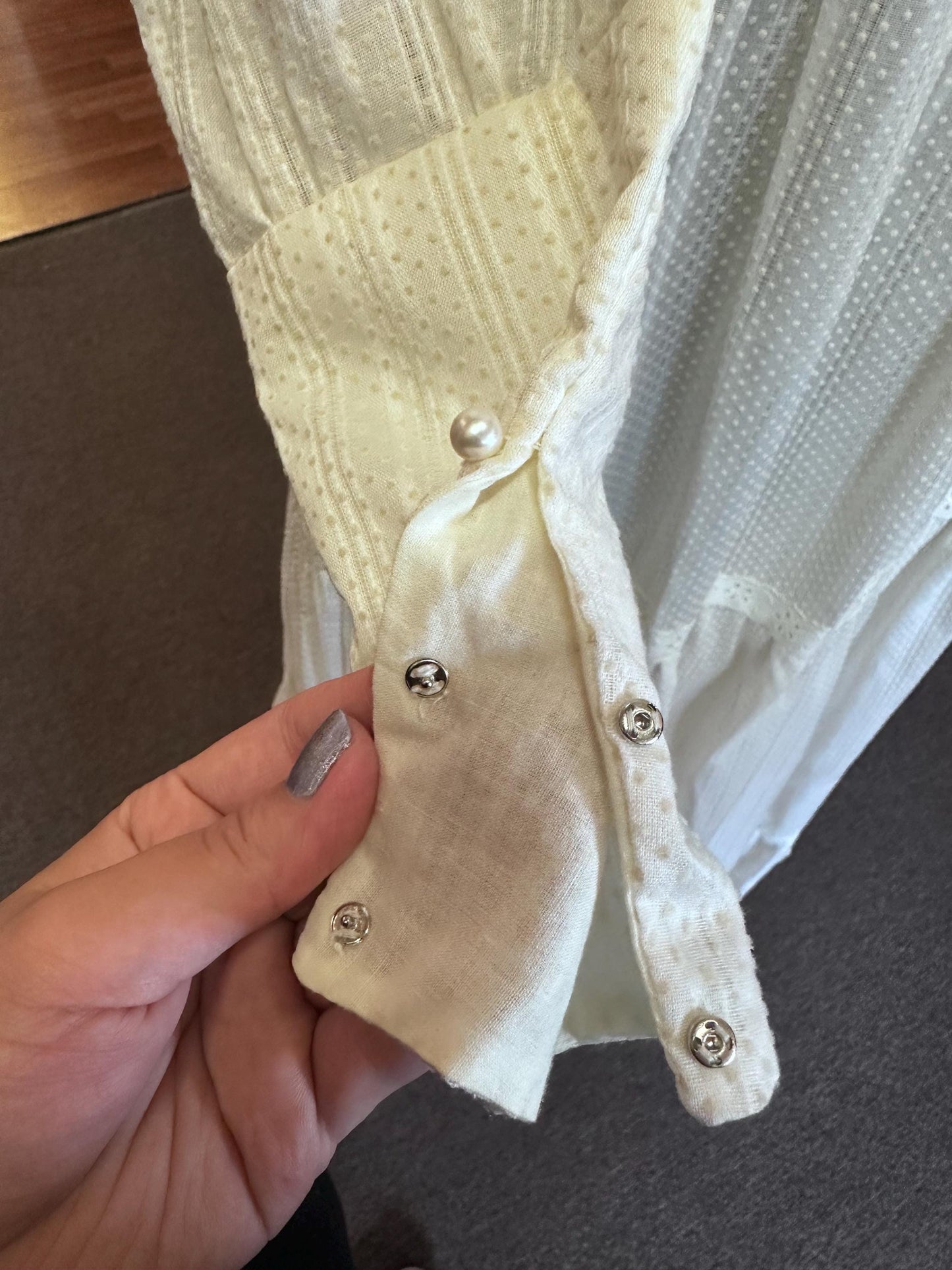 1970s Edwardian-Inspired Prairie Dress – Swiss Dot Fabric, Size XS