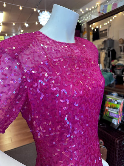 1980's Vintage Magenta Sequin Silk  Stenay Cocktail Dress