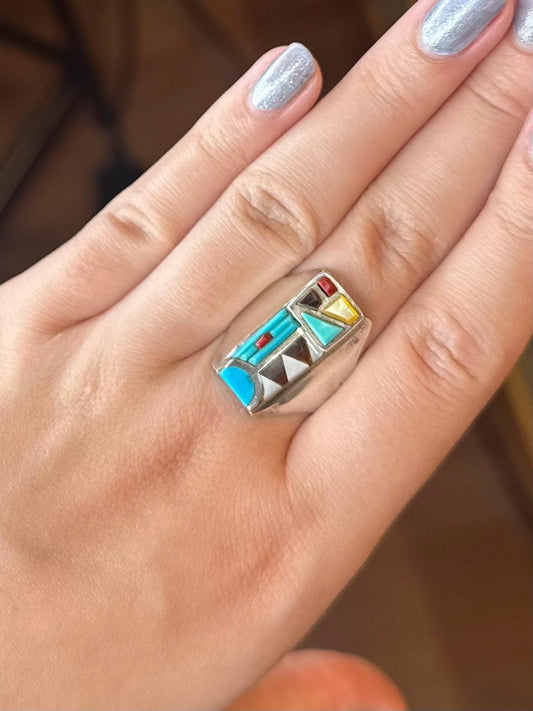 Vintage Designer Zuni Cobblestone Inlay Navajo Turquoise Ring SIZE 10