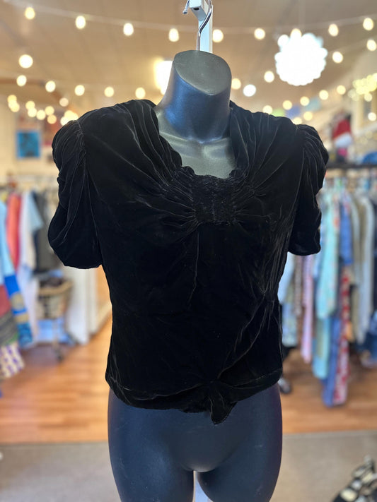 1930's Black Velvet Ruffle Bow Top